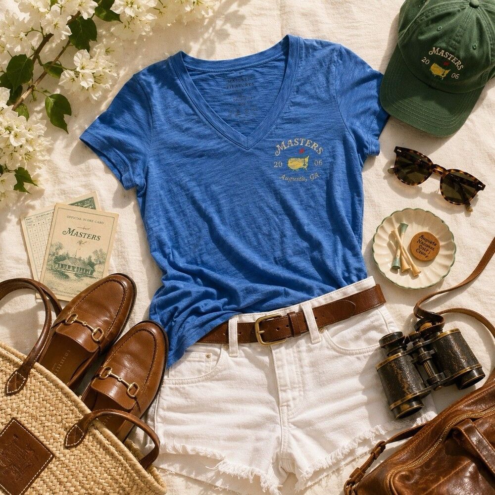 Women’s 2017 Masters Augusta National V Neck T Shirt Blue Slub Cotton Golf Tee